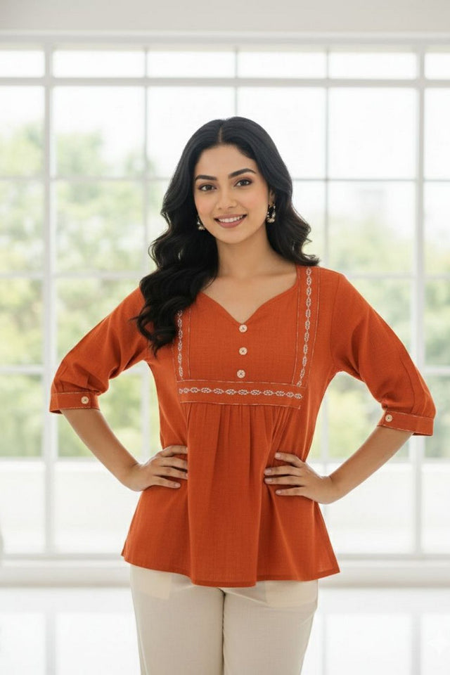 Rust Embroidered Cotton Top (ACB1310)