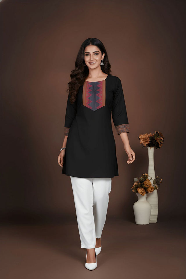 Black Printed Cotton Short Kurti (ACB1311)
