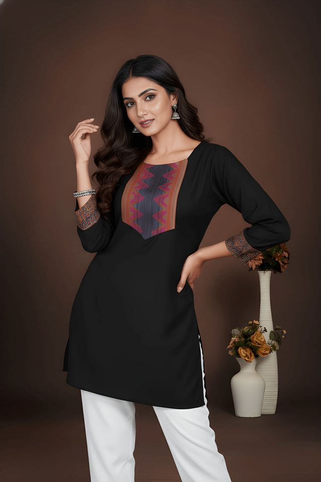 Black Printed Cotton Short Kurti (ACB1311)