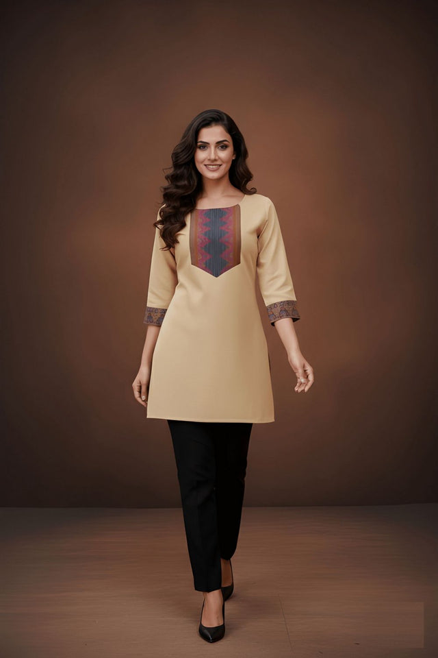 Cream Printed Cotton Short Kurti (ACB1312)