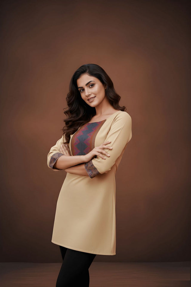 Cream Printed Cotton Short Kurti (ACB1312)