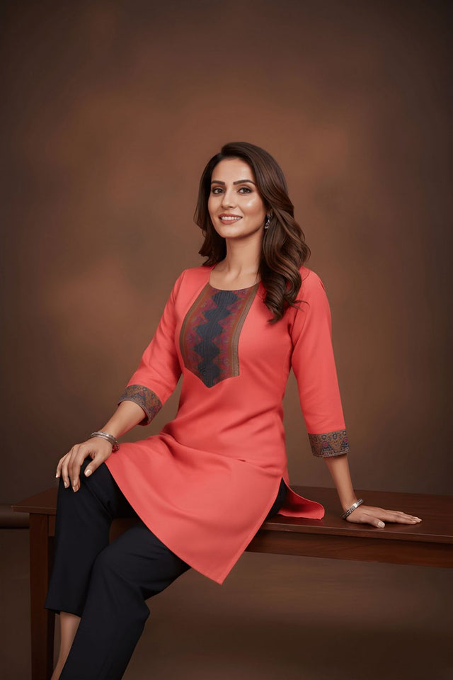 Pink Printed Cotton Short Kurti (ACB1313)