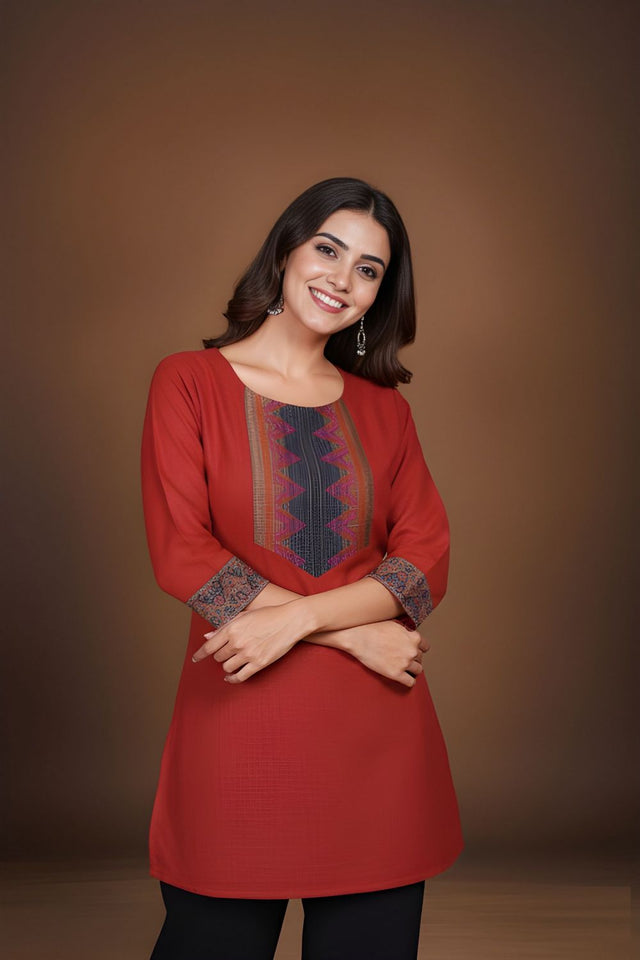 Red Printed Cotton Short Kurti (ACB1314)