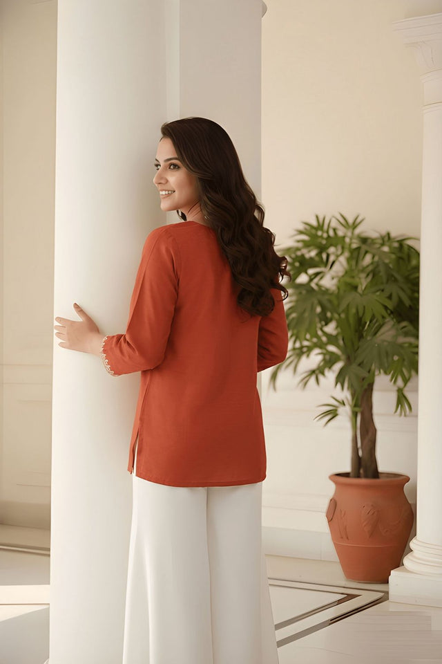 Rust Embroidered Silk Top (ACB1317)