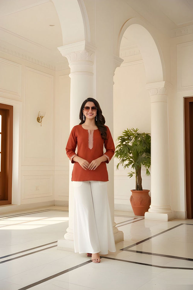 Rust Embroidered Silk Top (ACB1317)