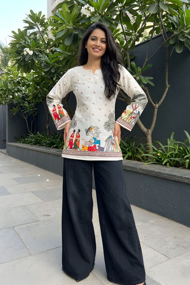 Cream Kalamkari Printed Cotton Top (ACB1318)