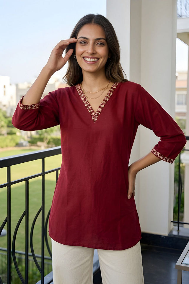 Maroon Embroidered Silk Top (ACB1319)