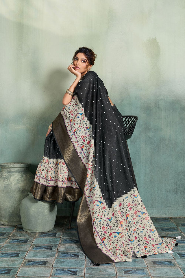 Black Printed with Zari Woven Border Linen Saree (ACB1320)