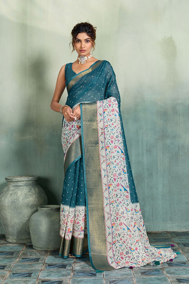 Turquoise Printed with Zari Woven Border Linen Saree (ACB1321)