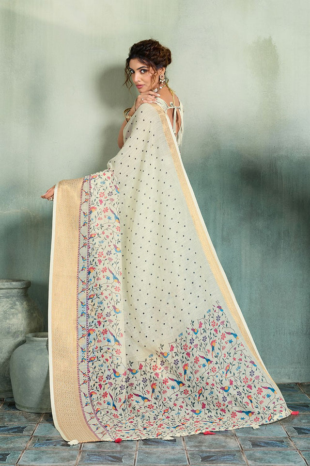 White Printed with Zari Woven Border Linen Saree (ACB1322)