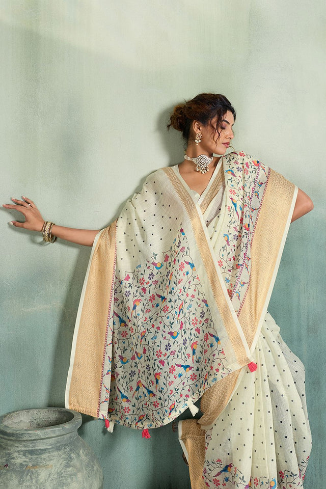 White Printed with Zari Woven Border Linen Saree (ACB1322)