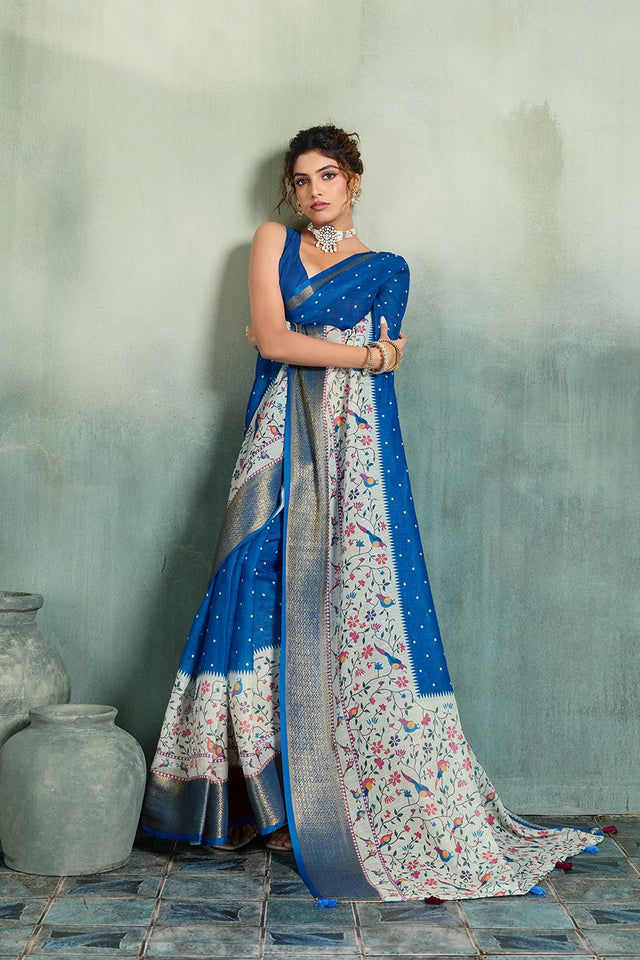 Blue Printed with Zari Woven Border Linen Saree (ACB1323)