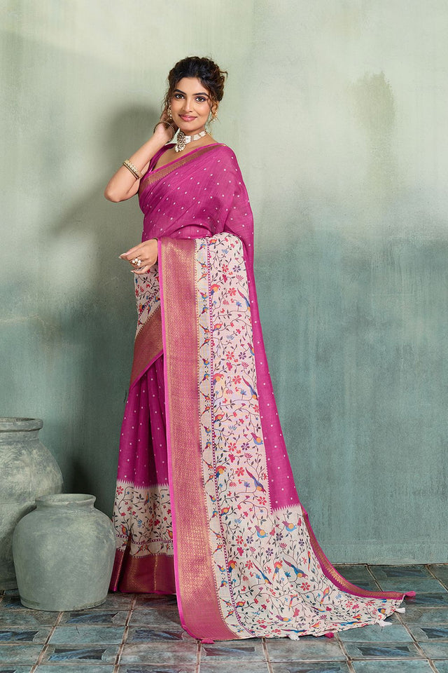 Pink Printed with Zari Woven Border Linen Saree (ACB1324)