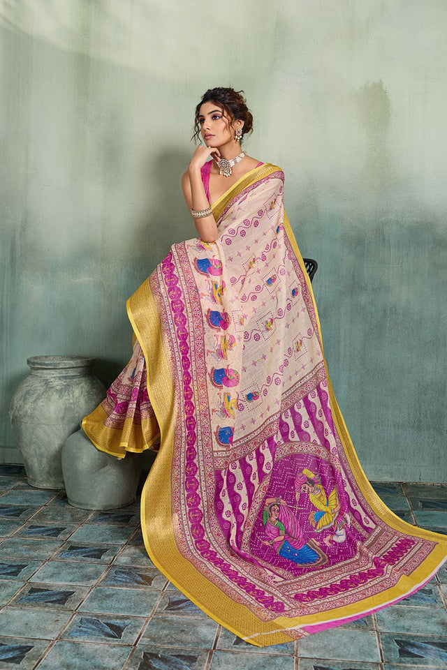 Off White Printed with Zari Woven Border Linen Saree (ACB1327)