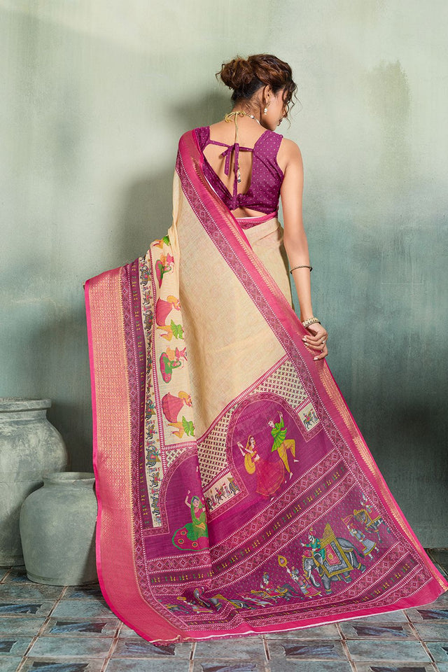 Cream Printed with Zari Woven Border Linen Saree (ACB1328)
