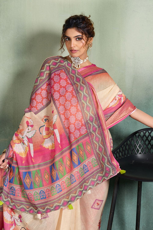 Cream Printed with Zari Woven Border Linen Saree (ACB1331)