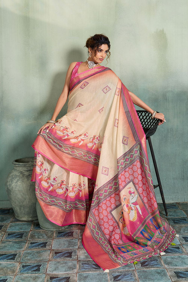 Cream Printed with Zari Woven Border Linen Saree (ACB1331)