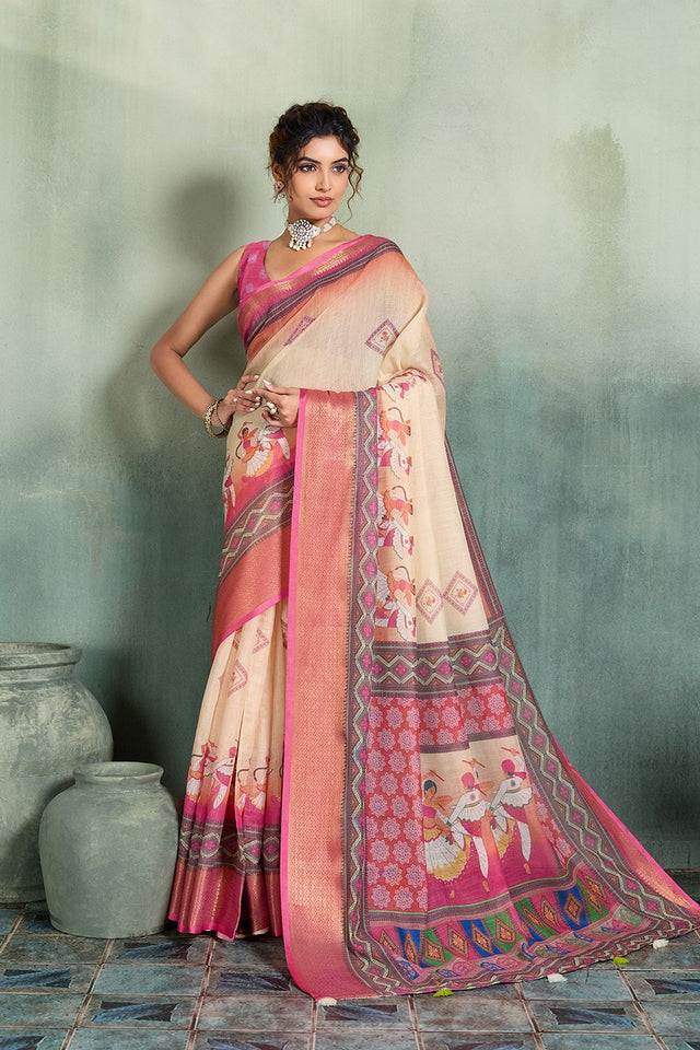 Cream Printed with Zari Woven Border Linen Saree (ACB1331)