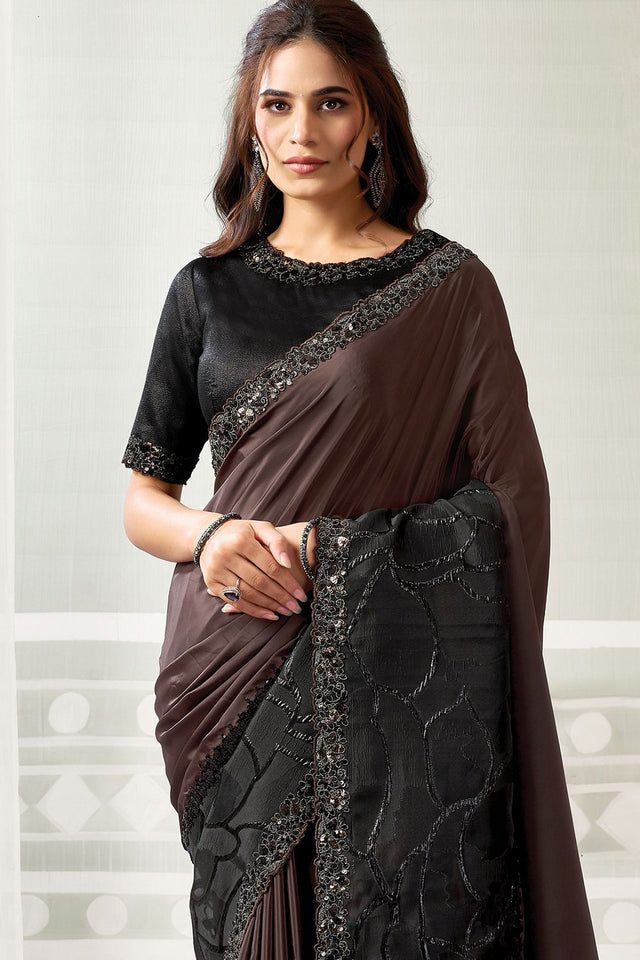 Brown Embroidered Satin Saree (ACB1333)
