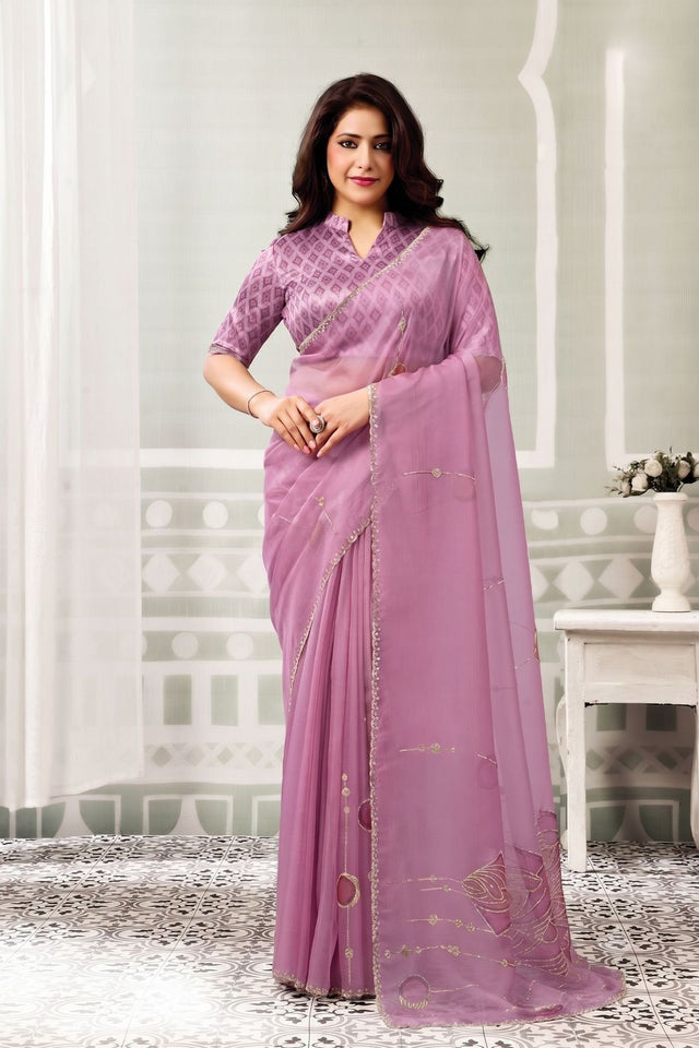 Pink Embroidered Organza Saree (ACB1335)