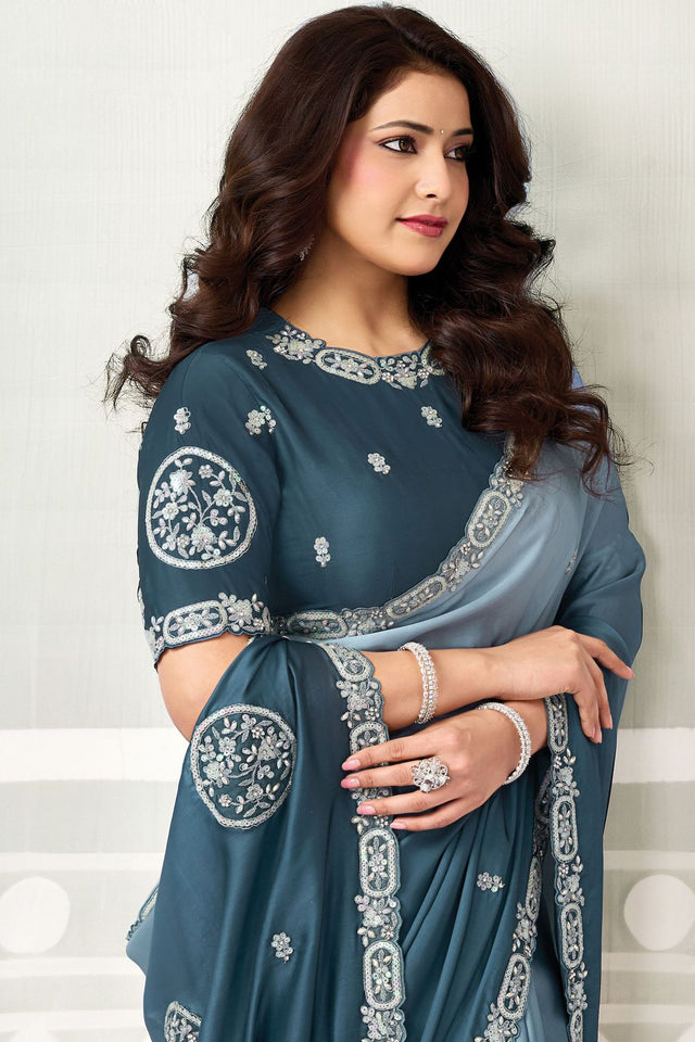 Blue Embellished Satin Silk Saree (ACB1342)
