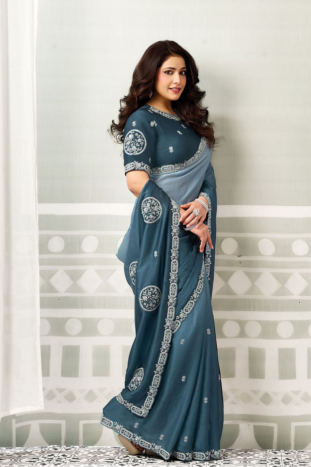 Blue Embellished Satin Silk Saree (ACB1342)