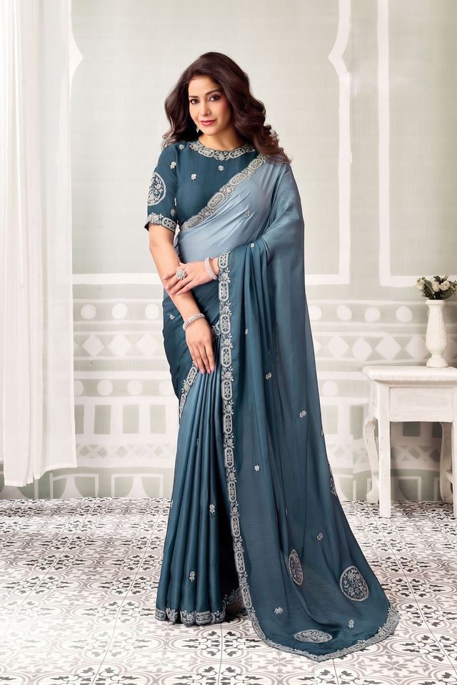 Blue Embellished Satin Silk Saree (ACB1342)