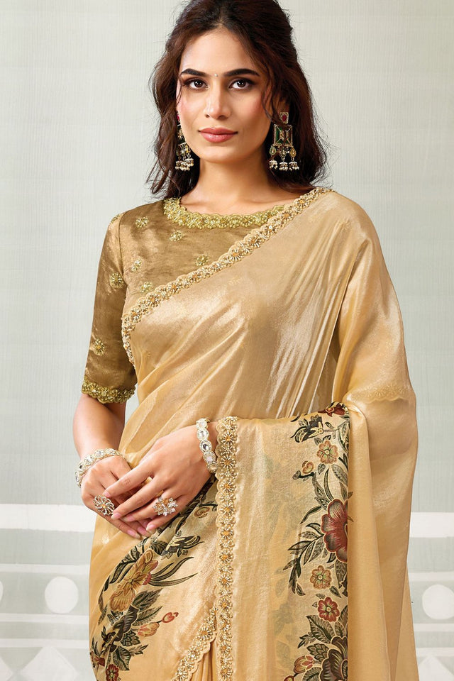 Mustard Printed with Embroidered Satin Silk Saree (ACB1344)
