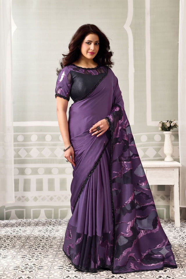 Purple Sequin Embroidered Satin Silk Saree (ACB1345)