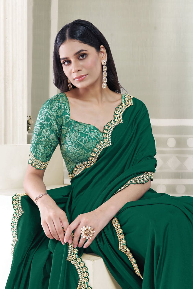 Green Solid with Embellished Border Silk Saree (ACB1346)
