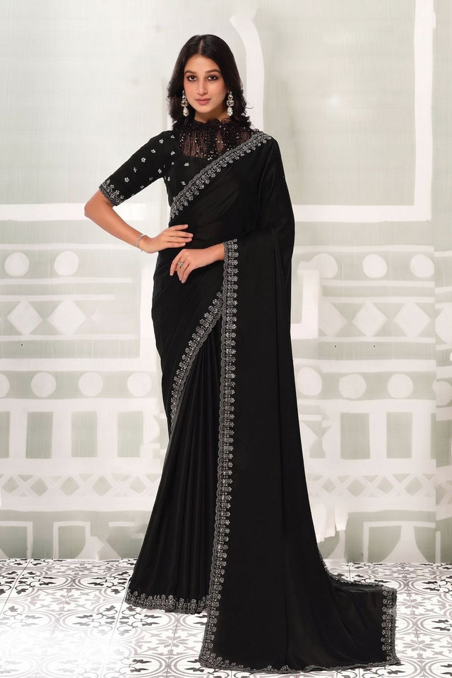 Black Embellished Satin Silk Saree (ACB1347)