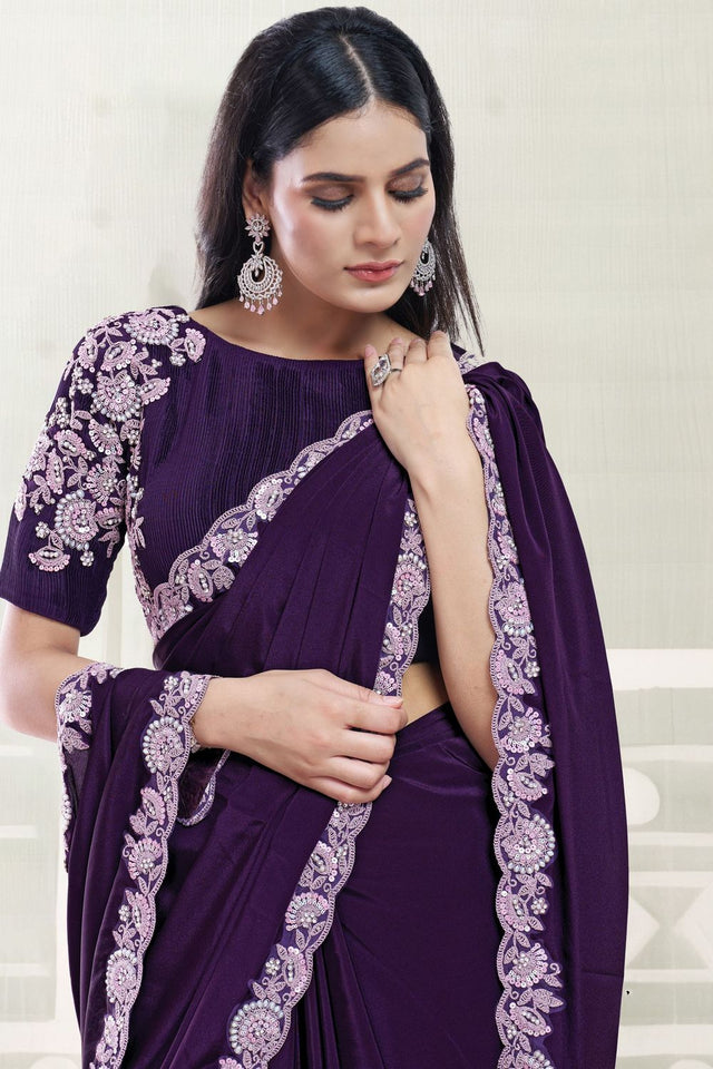 Purple Embellished Crepe Saree (ACB1348)