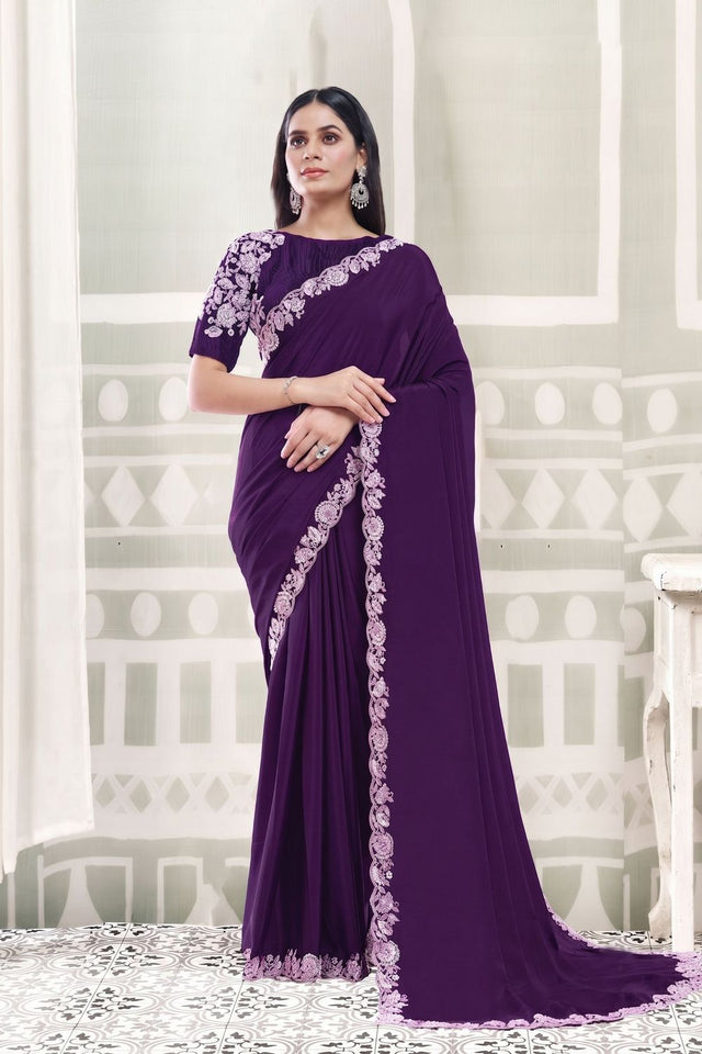 Purple Embellished Crepe Saree (ACB1348)