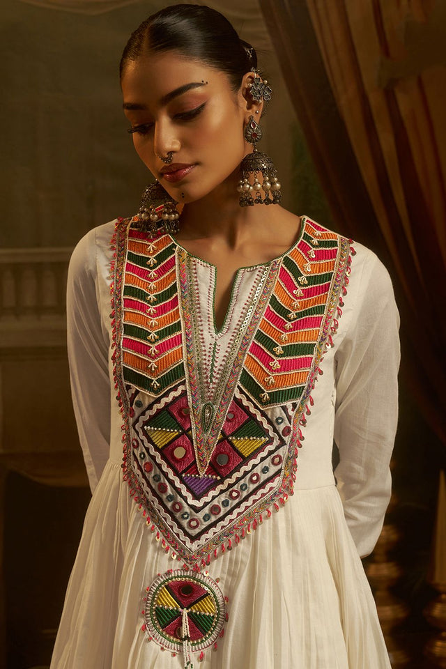 Off White Embroidered Cotton Anarkali Suit (ACB1349)