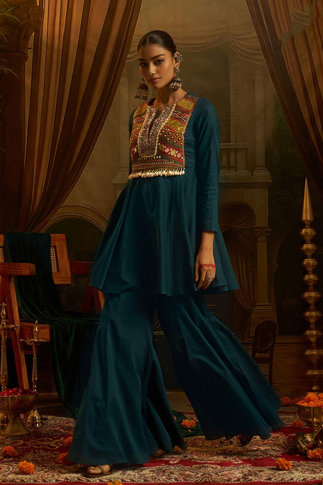 Turquoise Embroidered Cotton Anarkali Suit (ACB1350)