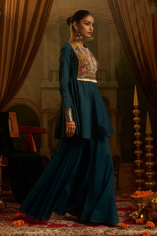 Turquoise Embroidered Cotton Anarkali Suit (ACB1350)