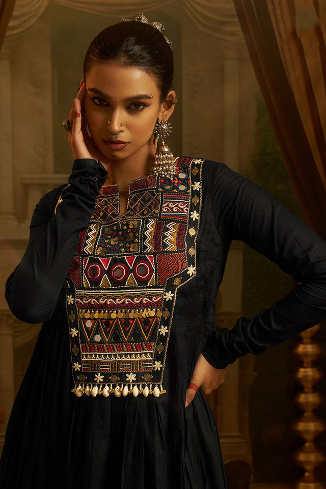 Black Embroidered Cotton Anarkali Suit (ACB1351)