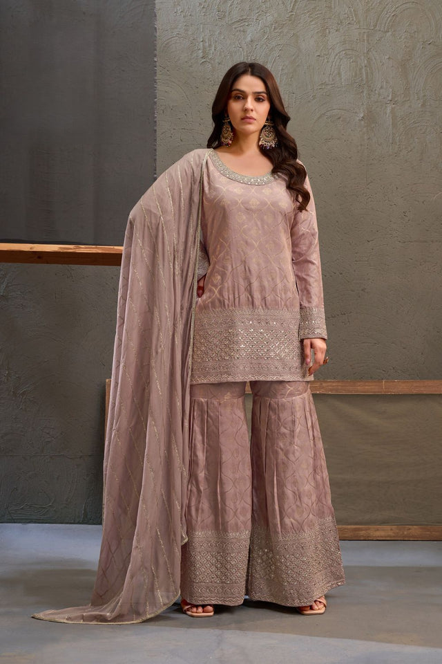 Mauve Heavy Embroidered Viscose Palazzo Suits (ACB1352)