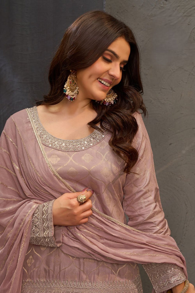 Mauve Heavy Embroidered Viscose Palazzo Suits (ACB1352)