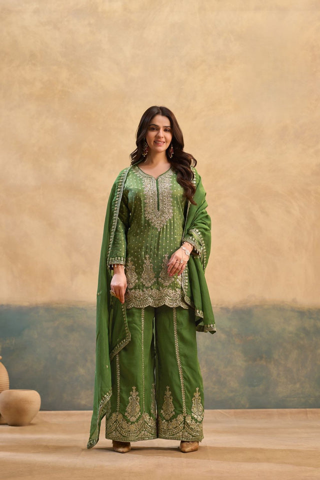 Green Heavy Embroidered Viscose Palazzo Suits (ACB1353)