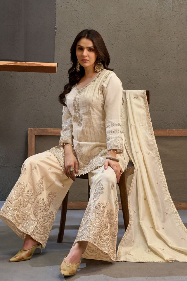 White Heavy Embroidered Viscose Palazzo Suits (ACB1354)