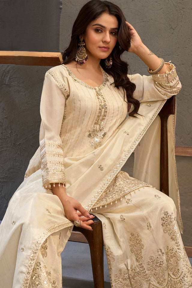 White Heavy Embroidered Viscose Palazzo Suits (ACB1354)