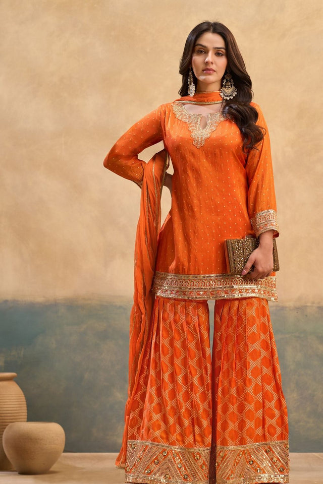 Orange Heavy Embroidered Viscose Palazzo Suits (ACB1355)