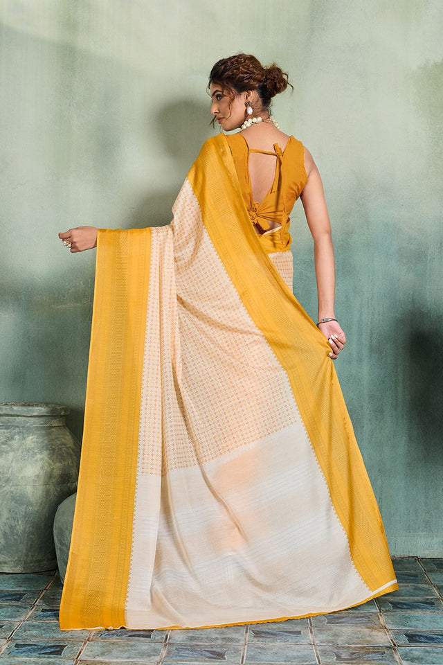 Yellow Printed Cotton Saree (ACB1356)