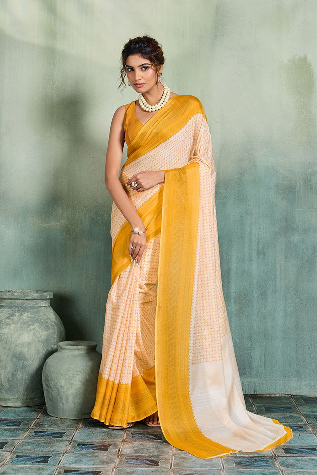 Yellow Printed Cotton Saree (ACB1356)