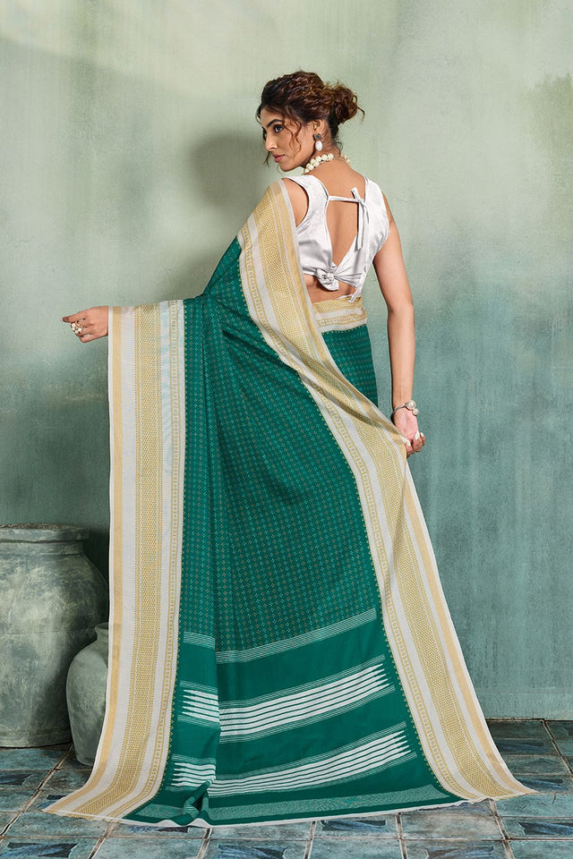 Turquoise Printed Cotton Saree (ACB1358)