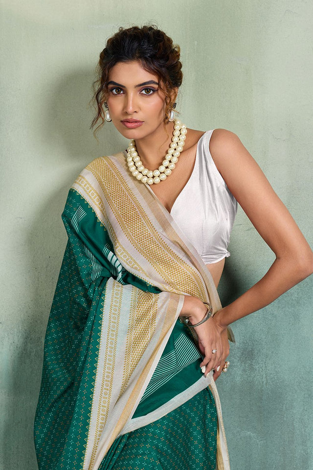 Turquoise Printed Cotton Saree (ACB1358)