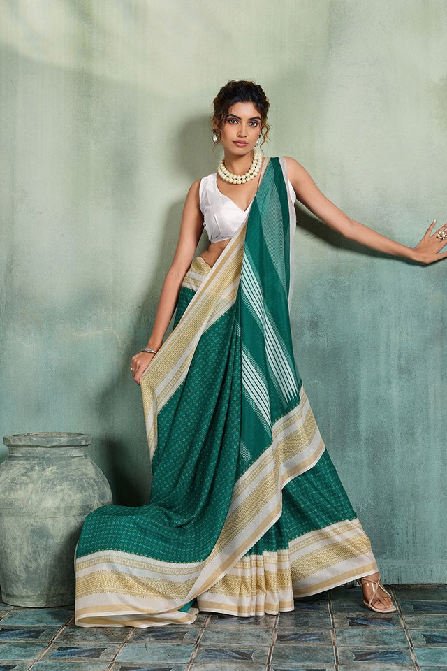 Turquoise Printed Cotton Saree (ACB1358)