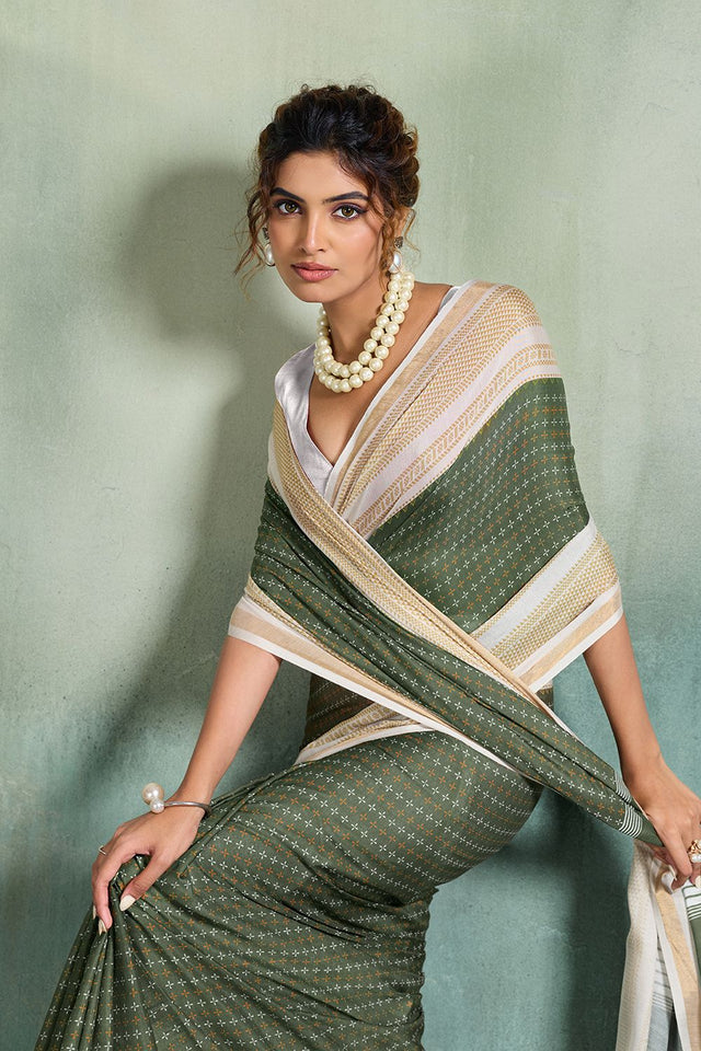 Green Printed Cotton Saree (ACB1359)
