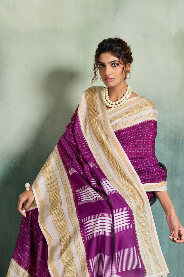 Purple Printed Cotton Saree (ACB1360)